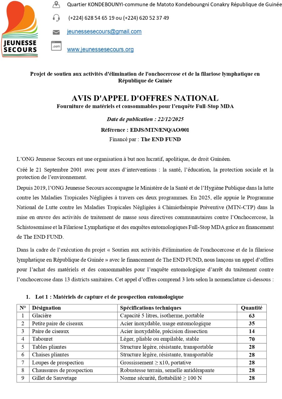 Avis d’appel d’offres national pour la fourniture de matériels et consommables pour l’enquête Full-Stop MDA | Page 1