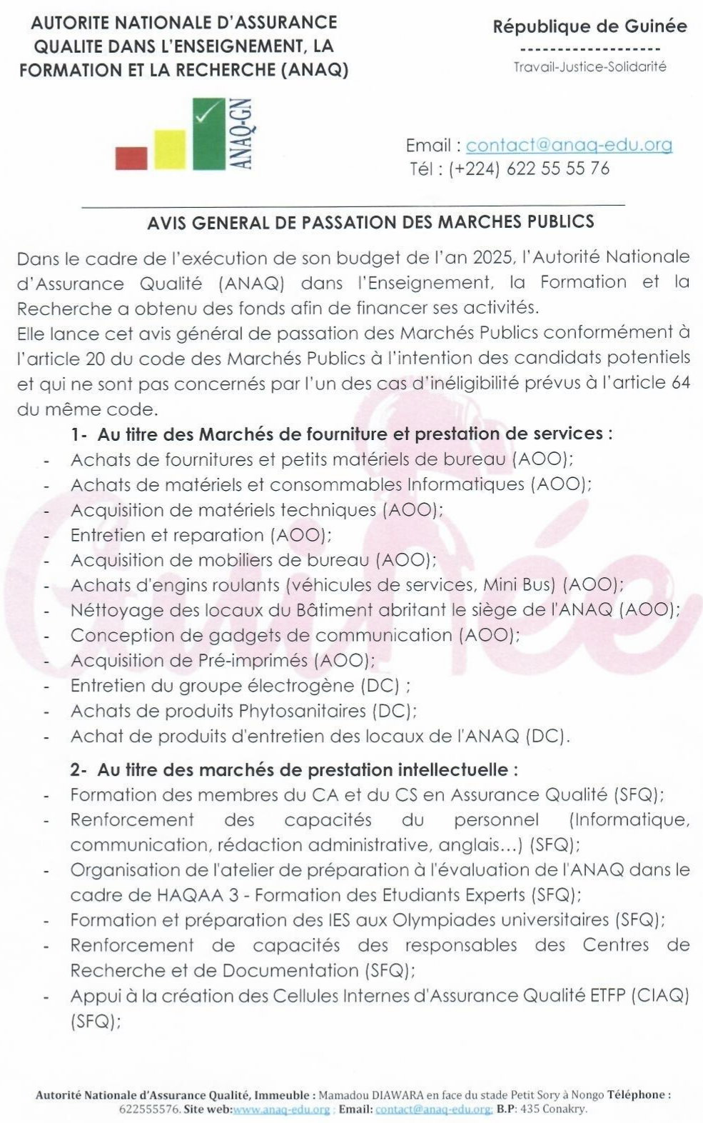 AVIS GENERAL DE PASSATION DES MARCHES PUBLICS : AUTORITE NATIONALE D'ASSURANCE QUALITE DANS L'ENSEIGNEMENT, LA FORMATION ET LA RECHERCHE (ANAQ) | Page 1