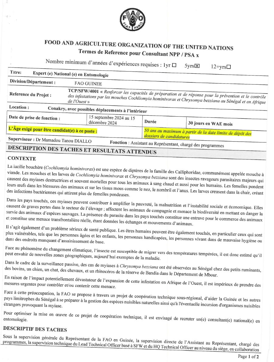 Avis de recrutement d'un Expert (e) National (e) en Entomologie | Page 1