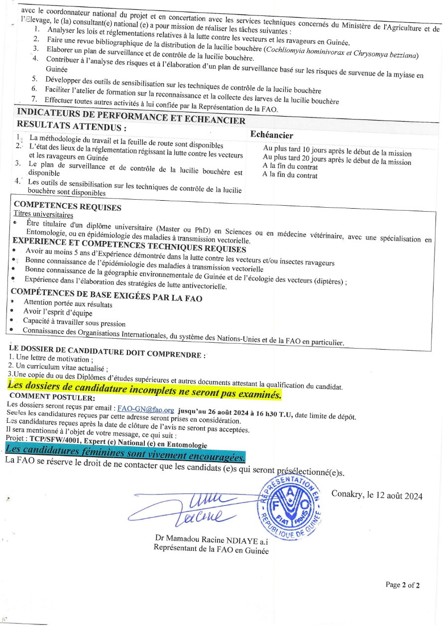 Avis de recrutement d'un Expert (e) National (e) en Entomologie | Page 2