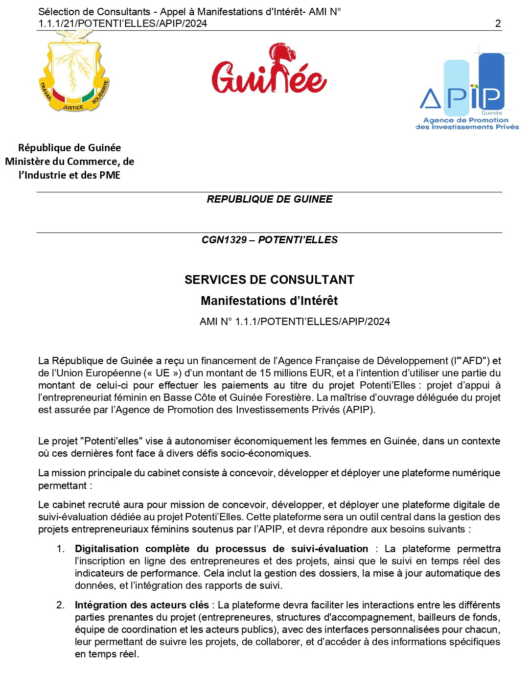 Recrutement de cabinet pour la réalisation d’une plateforme  digitale de suivi et évaluation du Projet  | Page 2