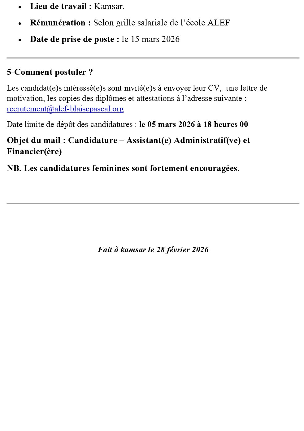 ANNONCE DE RECRUTEMENT D’UN(E ) ASSIATANT(E)  ADMINISTRATIF(VE) ET FINANCIER(ERE) DE L’ECOLE ALEF BLAISE PASCAL DE KAMSAR | Page 3