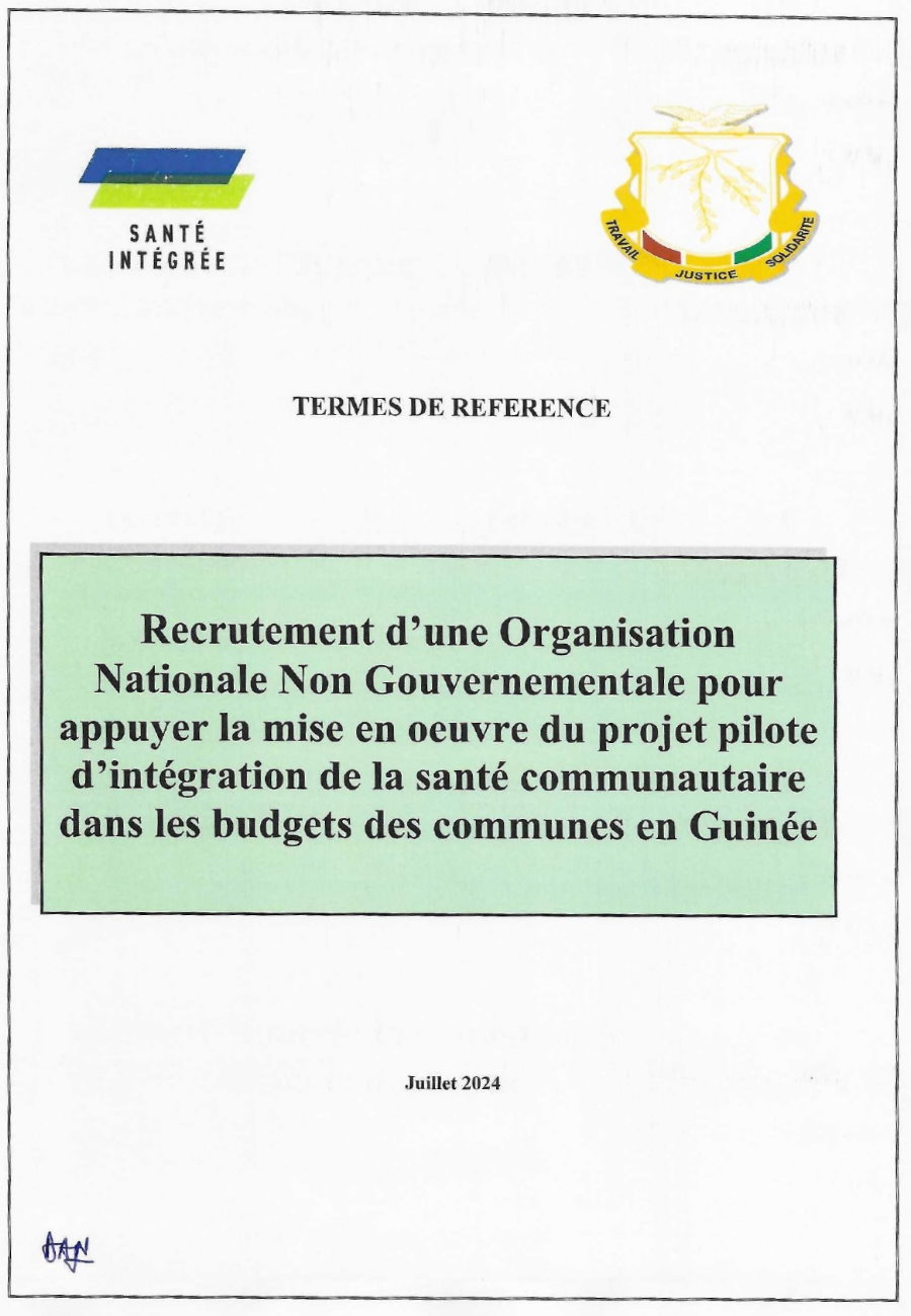 Recrutement D'une Organisation Nationale Non Gouvernementale pour appuyer la mise en œuvre du projet pilote d'intégration de la santé communautaire dans les budgets des communes en Guinée | Page 1