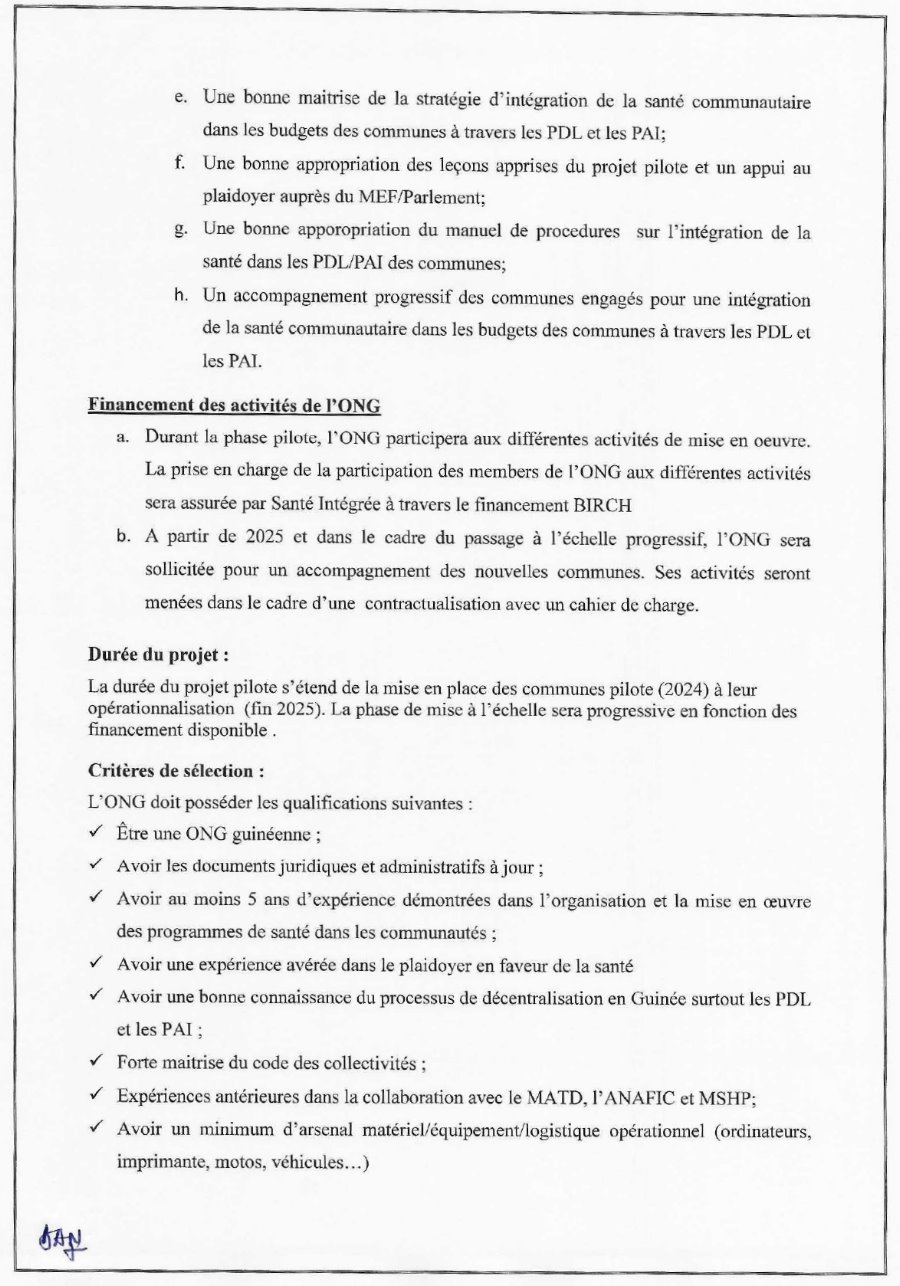 Recrutement D'une Organisation Nationale Non Gouvernementale pour appuyer la mise en œuvre du projet pilote d'intégration de la santé communautaire dans les budgets des communes en Guinée | Page 4