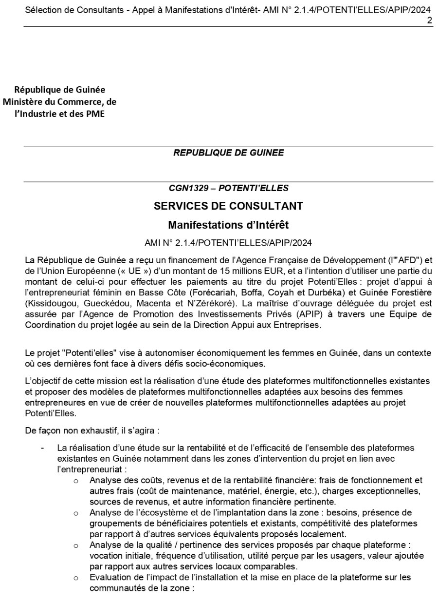 Avis d'appel d'offres pour le Recrutement d’un cabinet pour la réalisation de l’étude des plateformes multifonctionnelles existantes et proposition de modèle de plateformes fonctionnelles | page 2