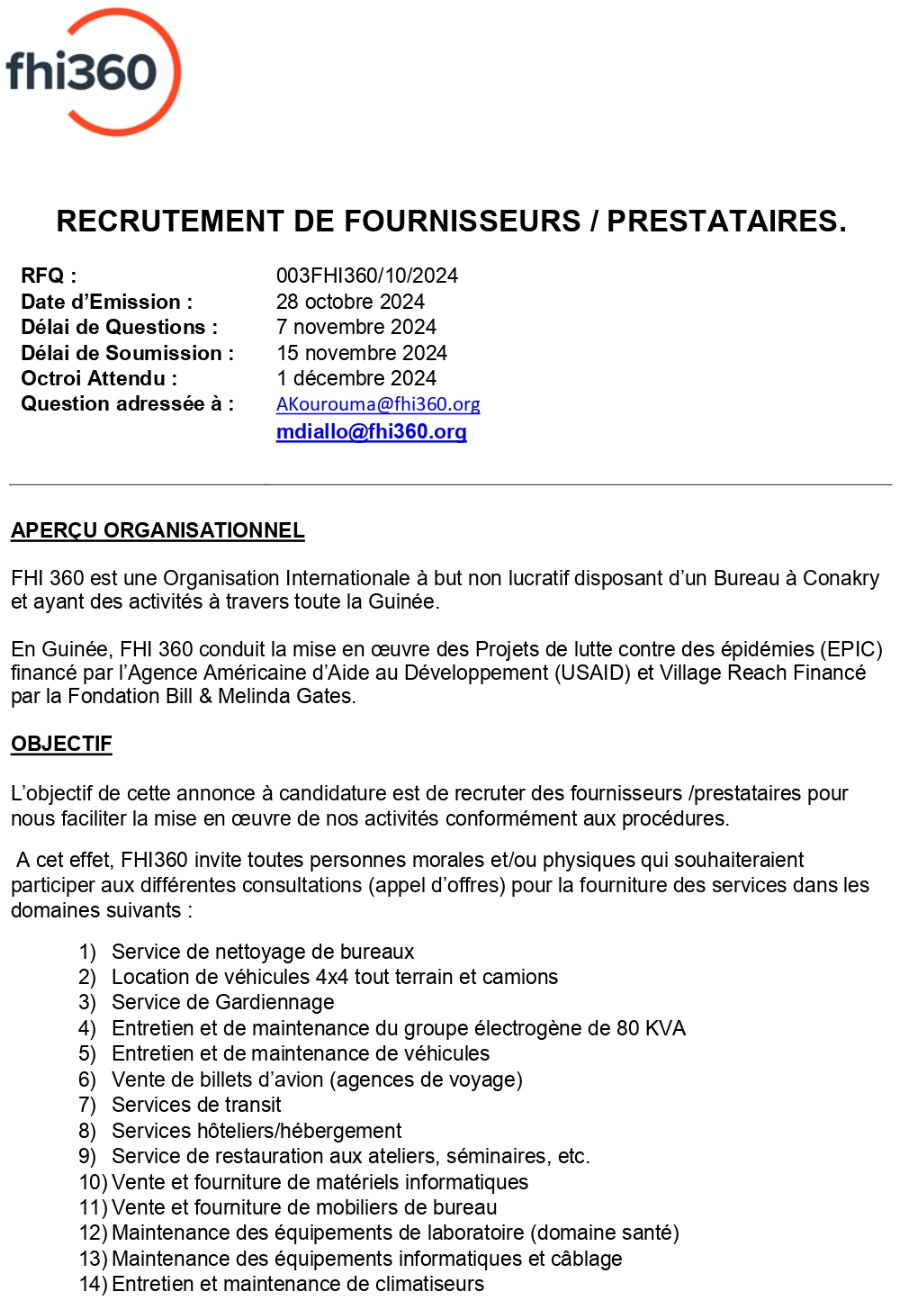 Recrutement D'un Recrutement De Fournisseurs / Prestataires | Page 1