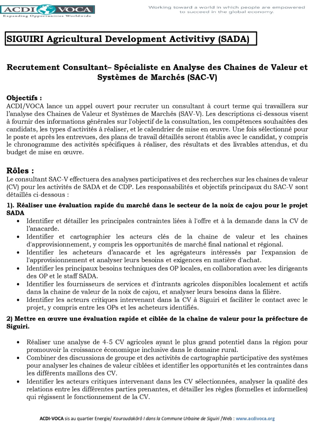 ACDI/VOCA – Avis de recrutement d’un Consultant – Spécialiste en Analyse des Chaines de Valeur et Systèmes de Marchés (SAC-V) p1