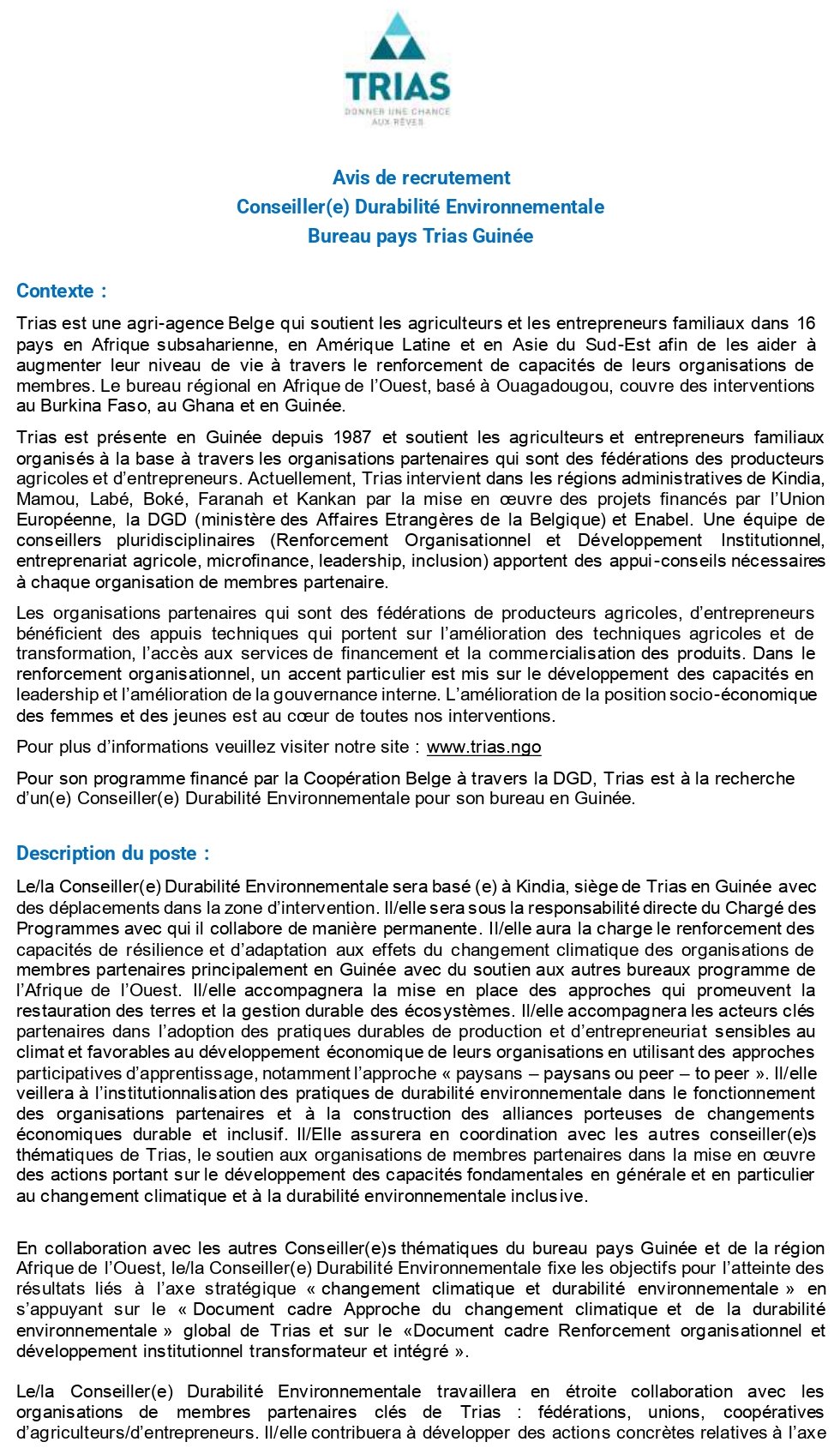 AVIS DE RECRUTEMENT D'UN(E) CONSEILLER(E) DURABILITÉ ENVIRONNEMENTALE BUREAU PAYS TRIAS GUINÉE | Page 1