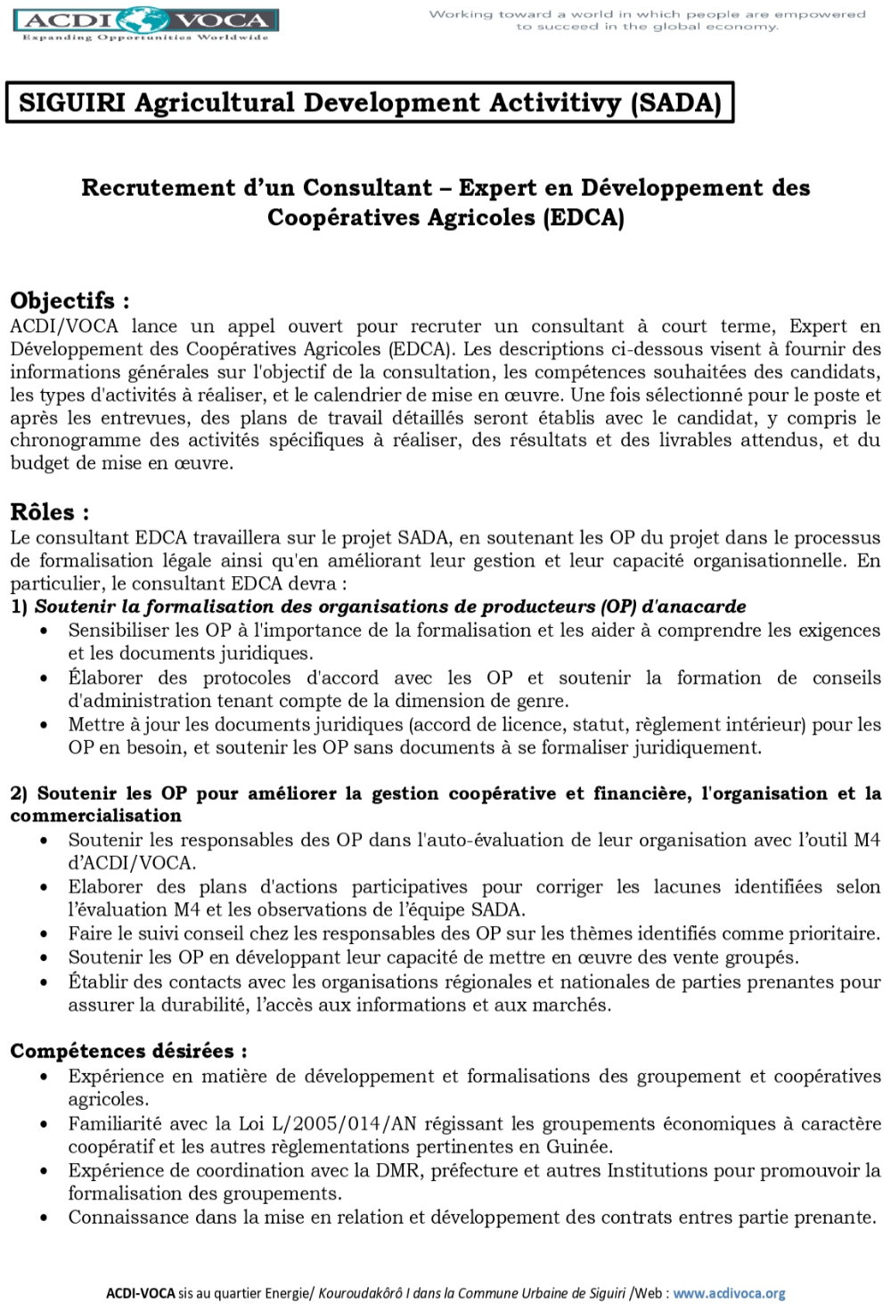 ACDI/VOCA – Avis de recrutement d’un Consultant – Expert en Développement des Coopératives Agricoles (EDCA) p1