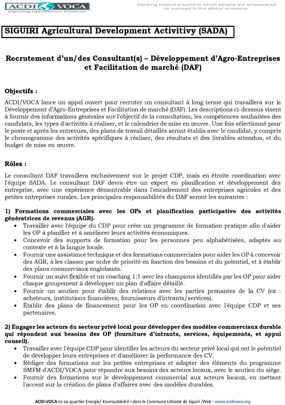 ACDI/VOCA – Avis de recrutement d’un / des Consultant(s) – Développement d’Agro-Entreprises et Facilitation de marché (DAF) p1
