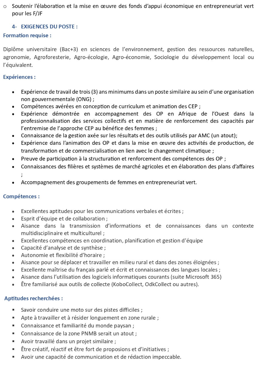 Avis De Recrutement D’un(e) Superviseur (euse) De Zone Et Spécialiste En Champ Ecole Paysan (Cep), Développement Des Filières Et Renforcement Des Capacités Des Organisations Paysannes Pour Femmes Pro-Forêts : Projet D’adaptation Aux Changements Climatiques Dans Le Parc National Du Moyen-Bafing En Guinée (PNMB) | Page 3