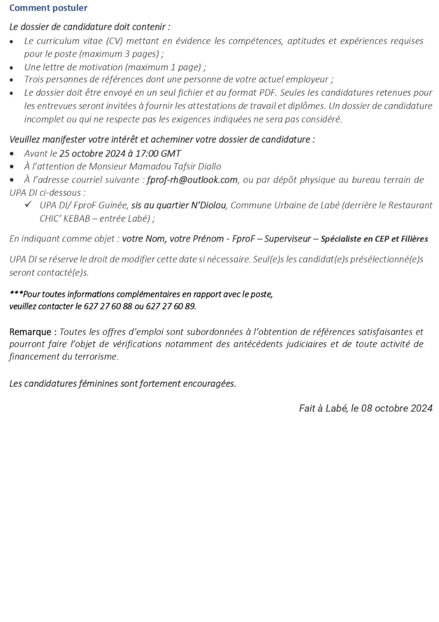 Avis De Recrutement D’un(e) Superviseur (euse) De Zone Et Spécialiste En Champ Ecole Paysan (Cep), Développement Des Filières Et Renforcement Des Capacités Des Organisations Paysannes Pour Femmes Pro-Forêts : Projet D’adaptation Aux Changements Climatiques Dans Le Parc National Du Moyen-Bafing En Guinée (PNMB) | Page 4