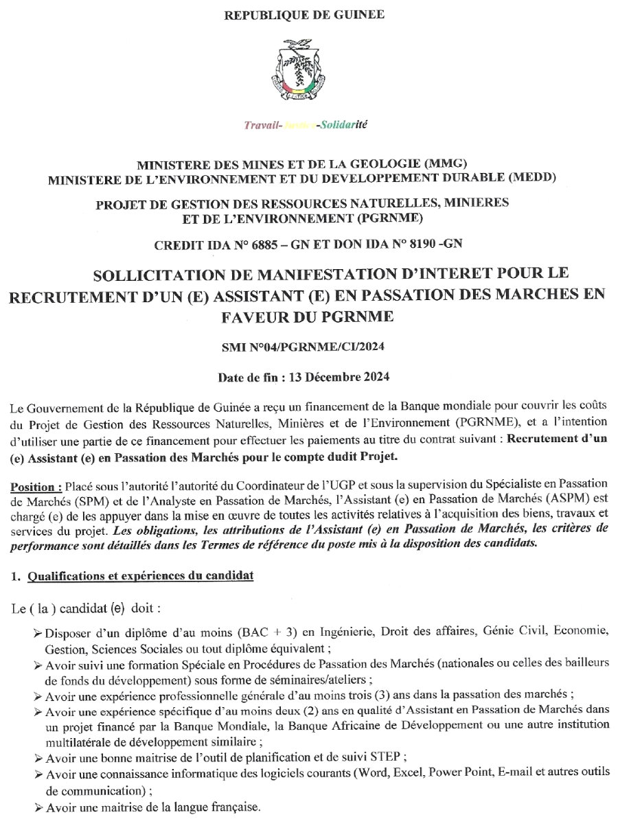 Sollicitation De Manifestations D’intérêt Pour Le Recrutement D’un Assistant(e) En Passation Des Marchés | Page 1