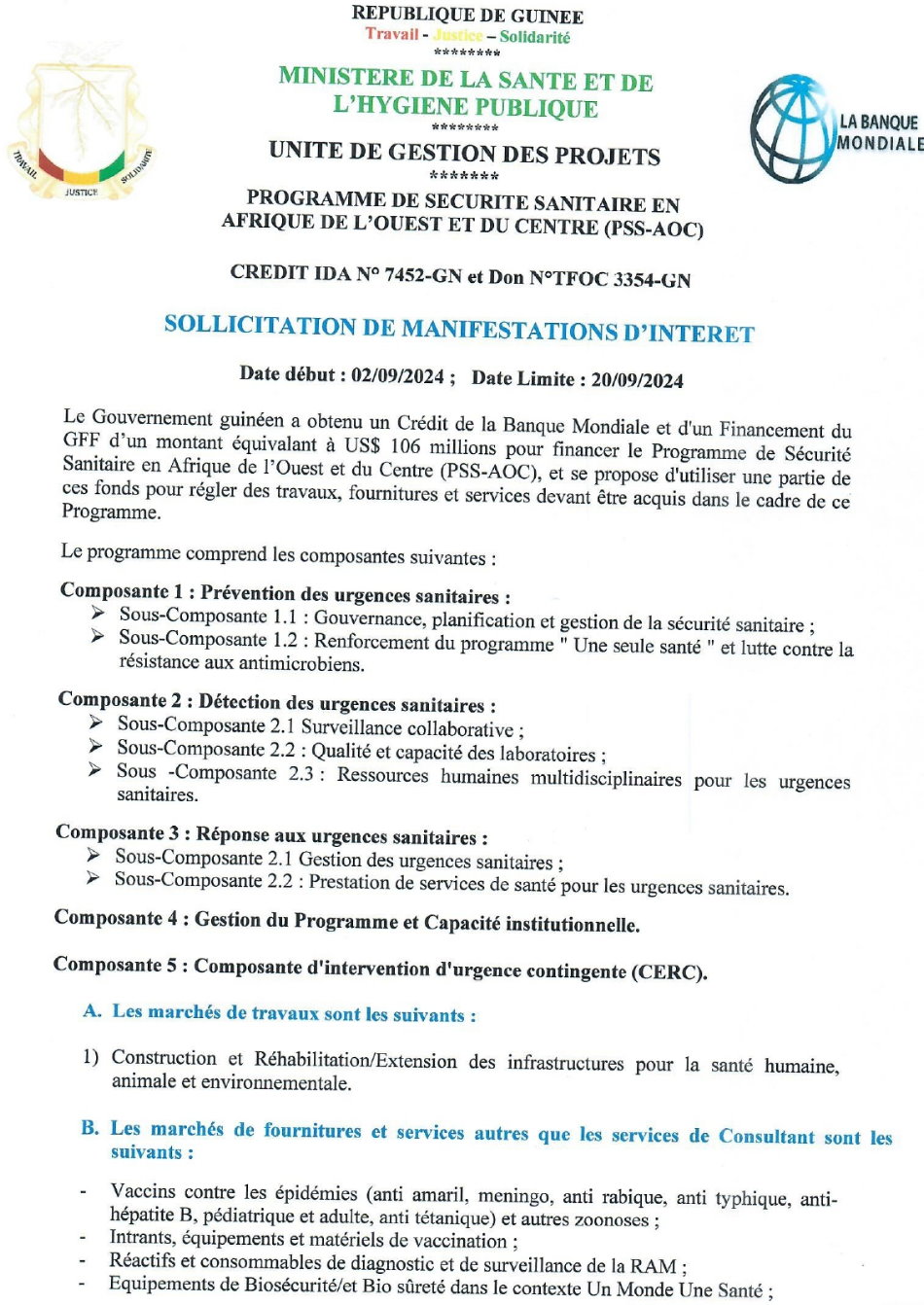 Sollicitation de manifestation d'intérêt pour des travaux, fournitures et services | Page 1