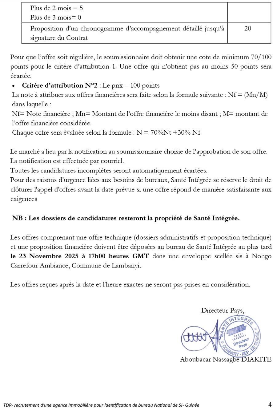 RECRUTEMENT D'UNE AGENCE IMMOBILIERE POUR l'IDENTIFICATION ET LA SELECTIOND'UN BUREAU NATIONAL POUR SANTE INTEGREE GUINEE | Page 4