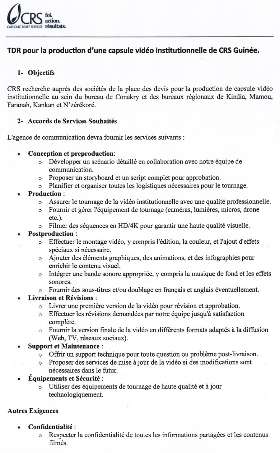 TERME DE REFERENCE POUR LA SELECTION D’UNE AGENCE DE COMMUNICATION POUR LA REALISATION CAPSULE VIDEO INSTITUTIONNELLE DE CRS GUINEE | Page 1