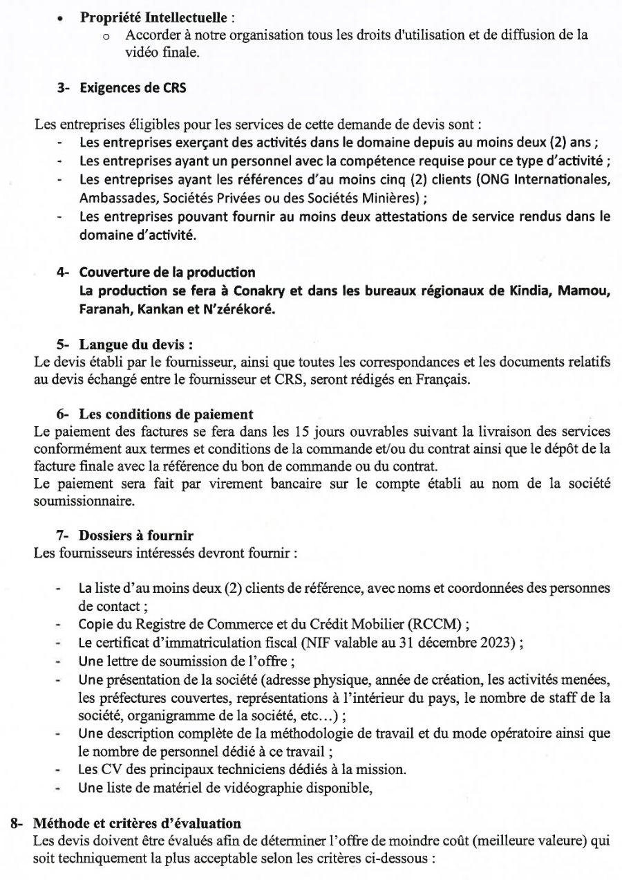 TERME DE REFERENCE POUR LA SELECTION D’UNE AGENCE DE COMMUNICATION POUR LA REALISATION CAPSULE VIDEO INSTITUTIONNELLE DE CRS GUINEE | Page 2