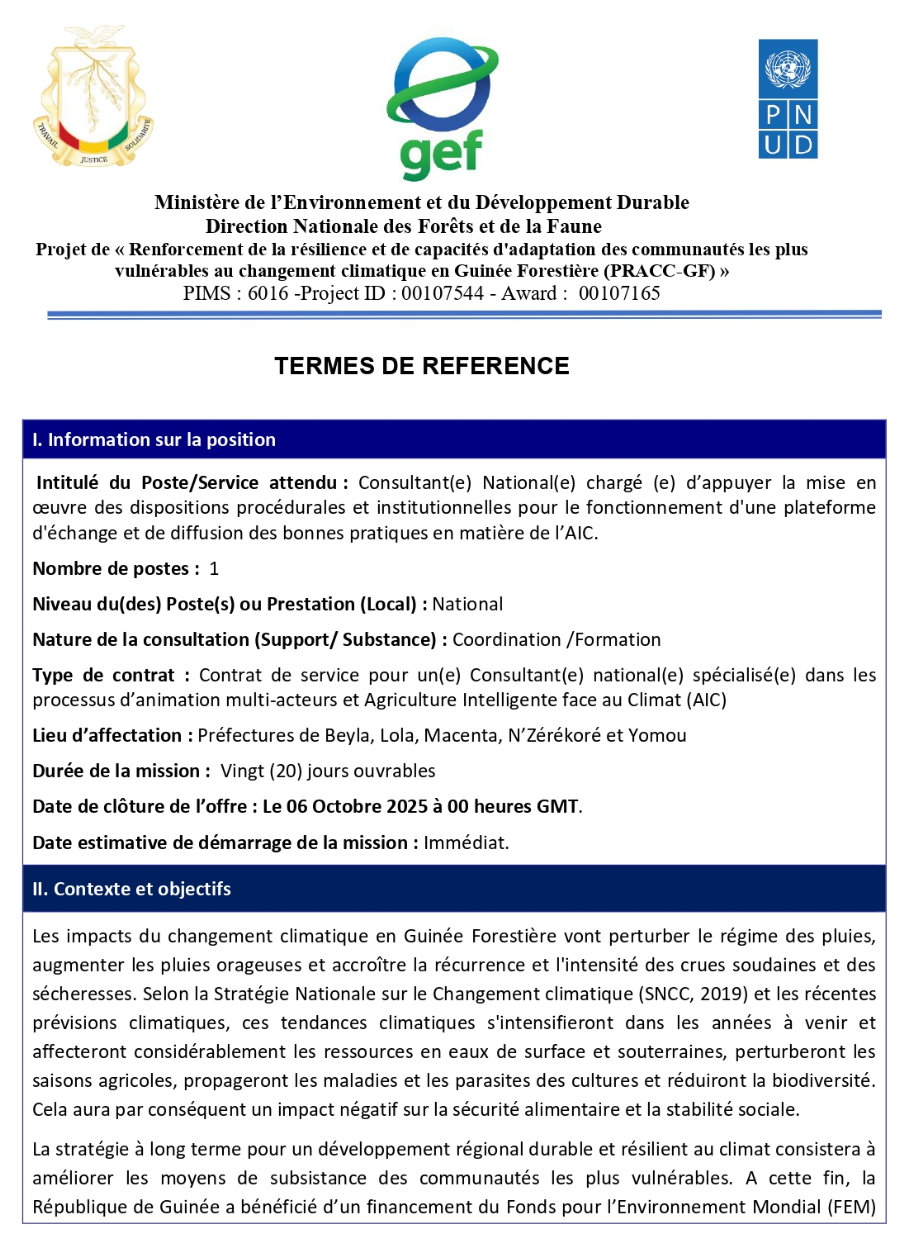 PRACC-GF: Avis de recrutement d'un Consultant(e) National(e) chargé (e) d’appuyer la mise en œuvre des dispositions procédurales et institutionnelles pour le fonctionnement d'une plateforme d'échange et de diffusion des bonnes pratiques en matière de l’AIC | Page 1