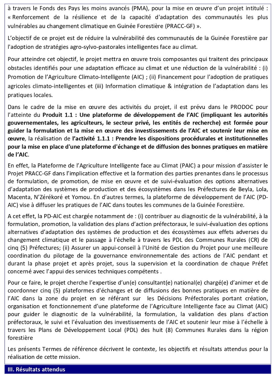PRACC-GF: Avis de recrutement d'un Consultant(e) National(e) chargé (e) d’appuyer la mise en œuvre des dispositions procédurales et institutionnelles pour le fonctionnement d'une plateforme d'échange et de diffusion des bonnes pratiques en matière de l’AIC | Page 2