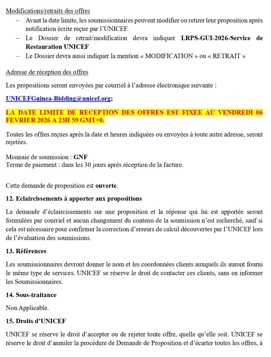 Sélection d’un Prestataire pour assurer les Services de Restauration au Bureau UNICEF Guinée | Page 4