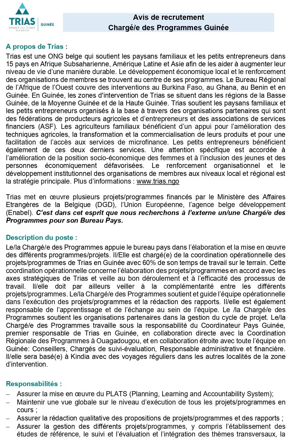 Avis de recrutement Chargé/e des Programmes Guinée | page 1