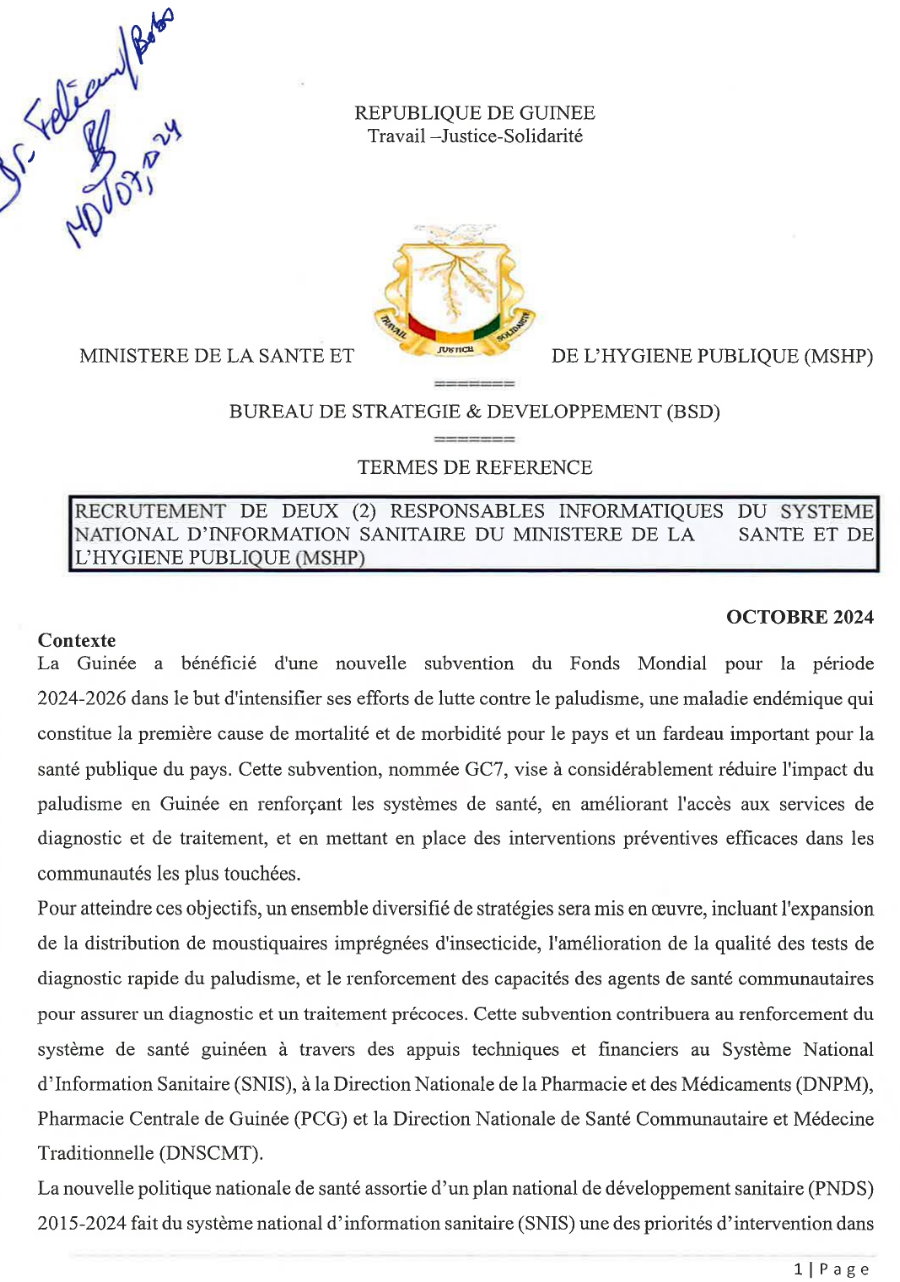 Recrutement de Deux (2) responsables informatiques du systeme national d'information sanitaire du ministere de la sante et de l'hygiene publique (MSHP) | Page 1