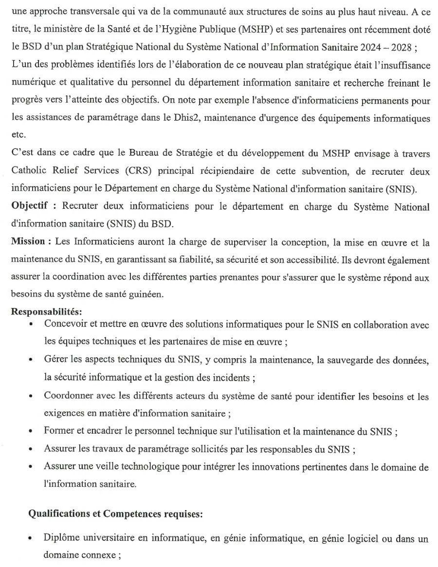 Recrutement de Deux (2) responsables informatiques du systeme national d'information sanitaire du ministere de la sante et de l'hygiene publique (MSHP) | Page 2