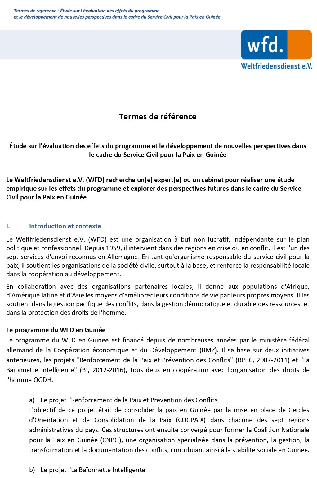 Étude sur l'évaluation des effets du programme et le développement de nouvelles perspectives dans le cadre du Service Civil pour la Paix en Guinée | Page 1