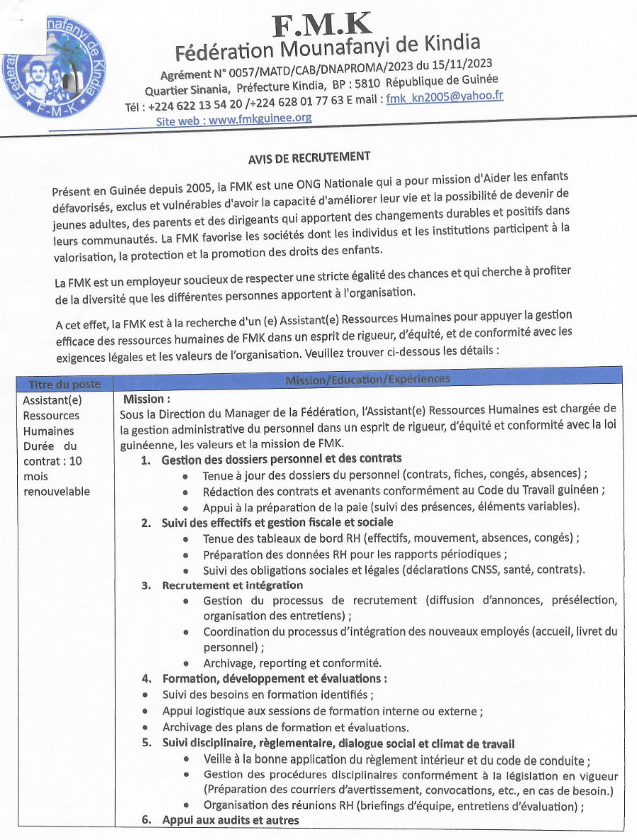 Avis de recrutement d'un (e) Assistant(e) Ressources Humaines  | Page 1