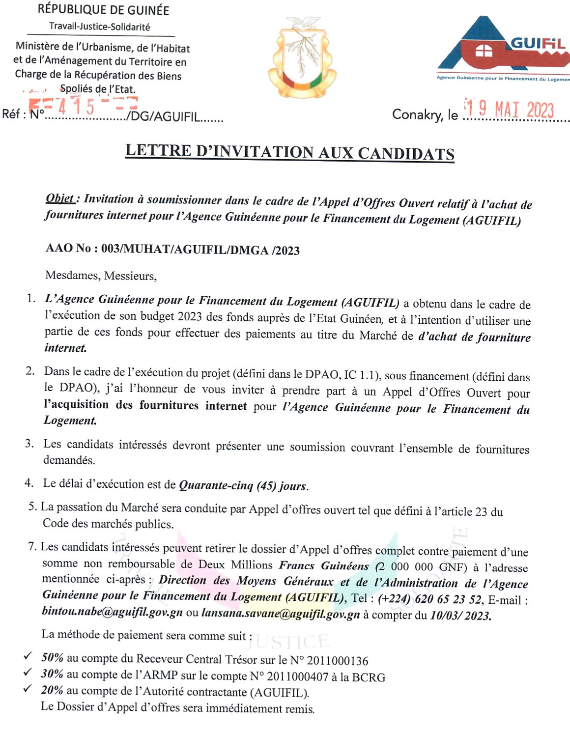 Invitation à soumissionner dans le cadre de l'Appel d'Offres Ouvert relatif à l'achat de fournitures internet pour l'Agence Guinéenne pour le Financement du Logement (A GUIFIL) | page 1