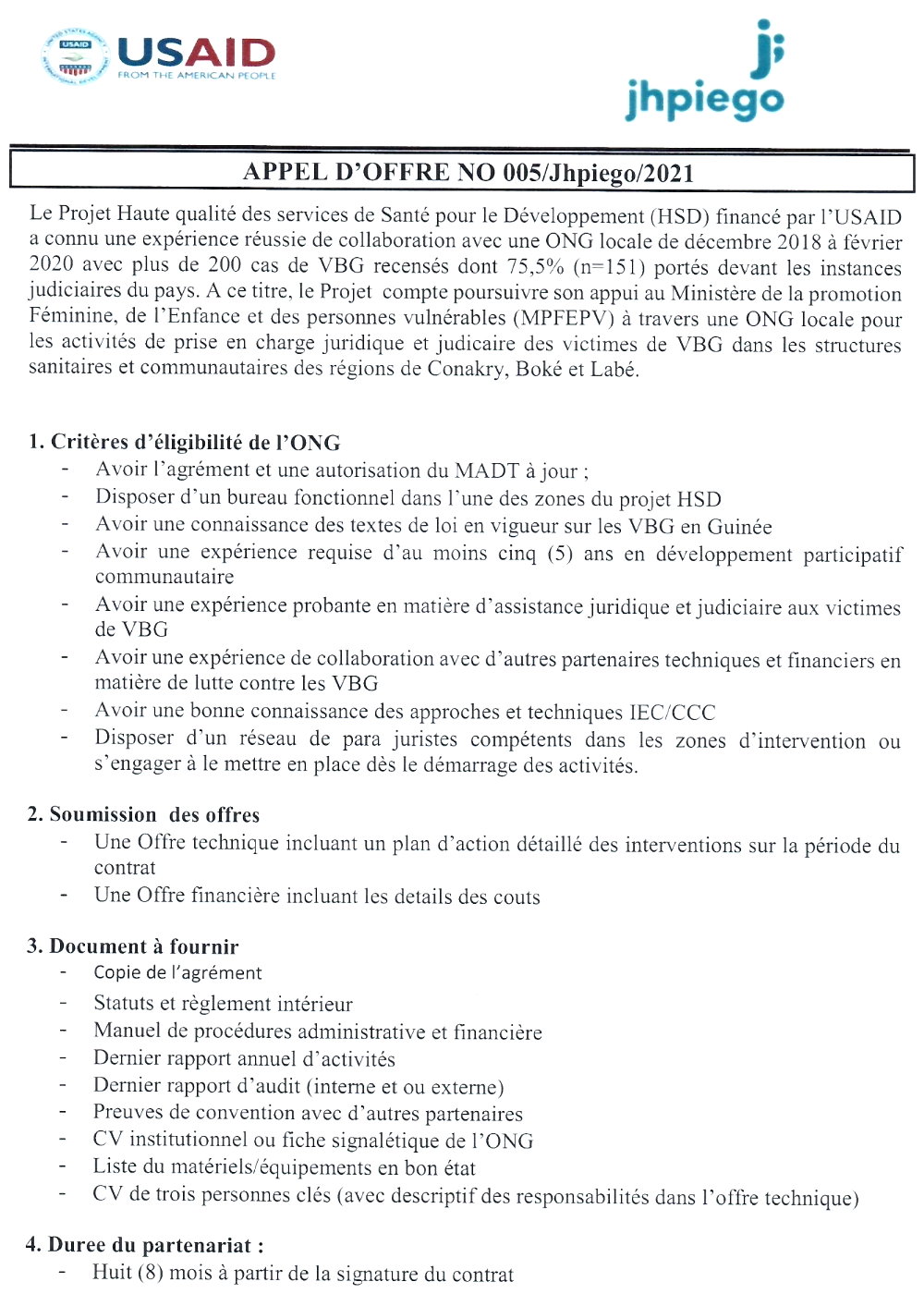 Avis de recrutement d'une ONG locale pour les activités de prise en charge juridique ey judiciaire des victimes de VBG dans les structures sanitaires et communautaires des régions de Conakry, Boké et Labé page 1