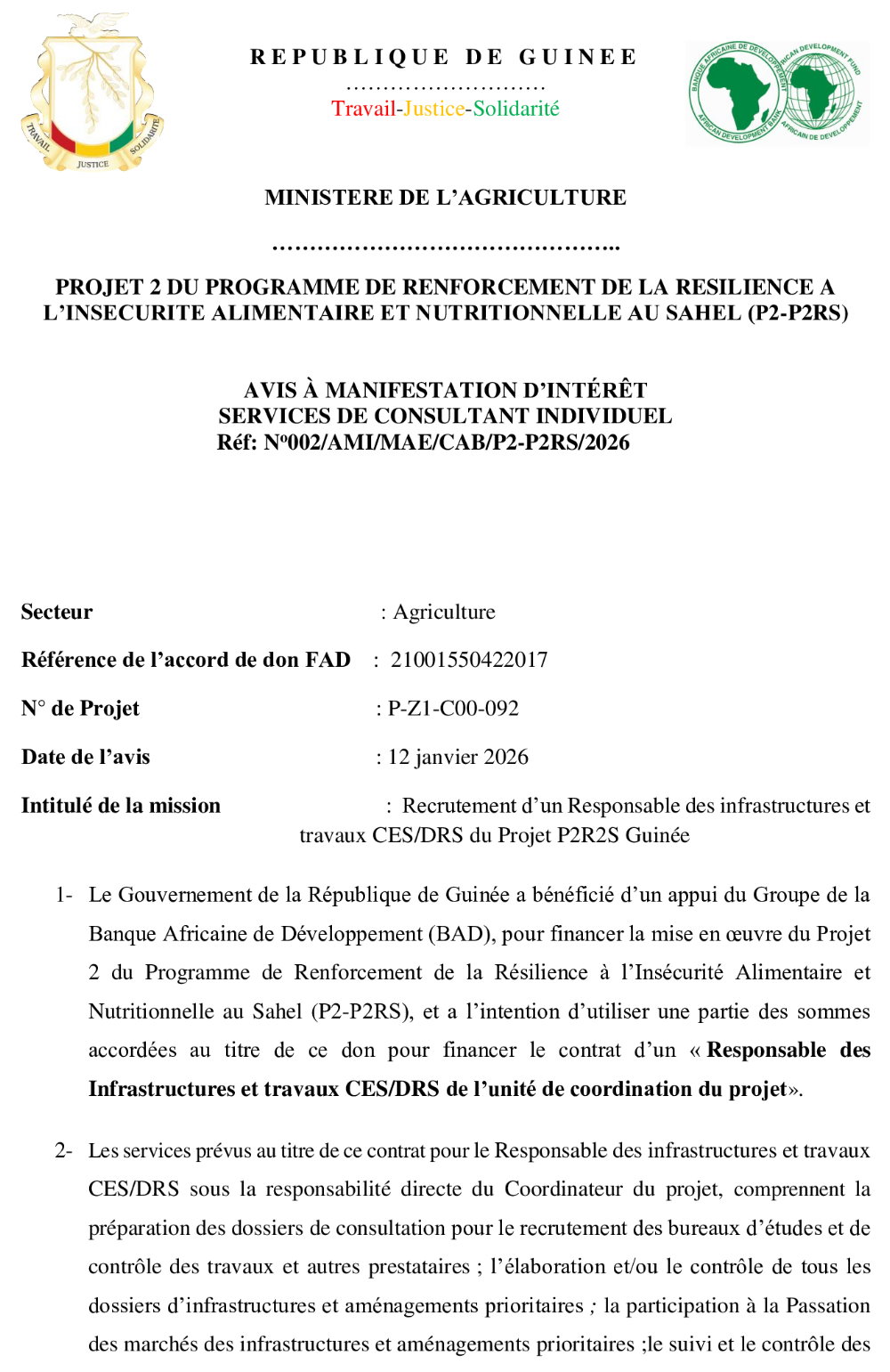 AVIS À MANIFESTATION D’INTÉRÊT pour le Recrutement d’un Responsable des infrastructures et travaux CES/DRS du Projet P2R2S Guinée | Page 1
