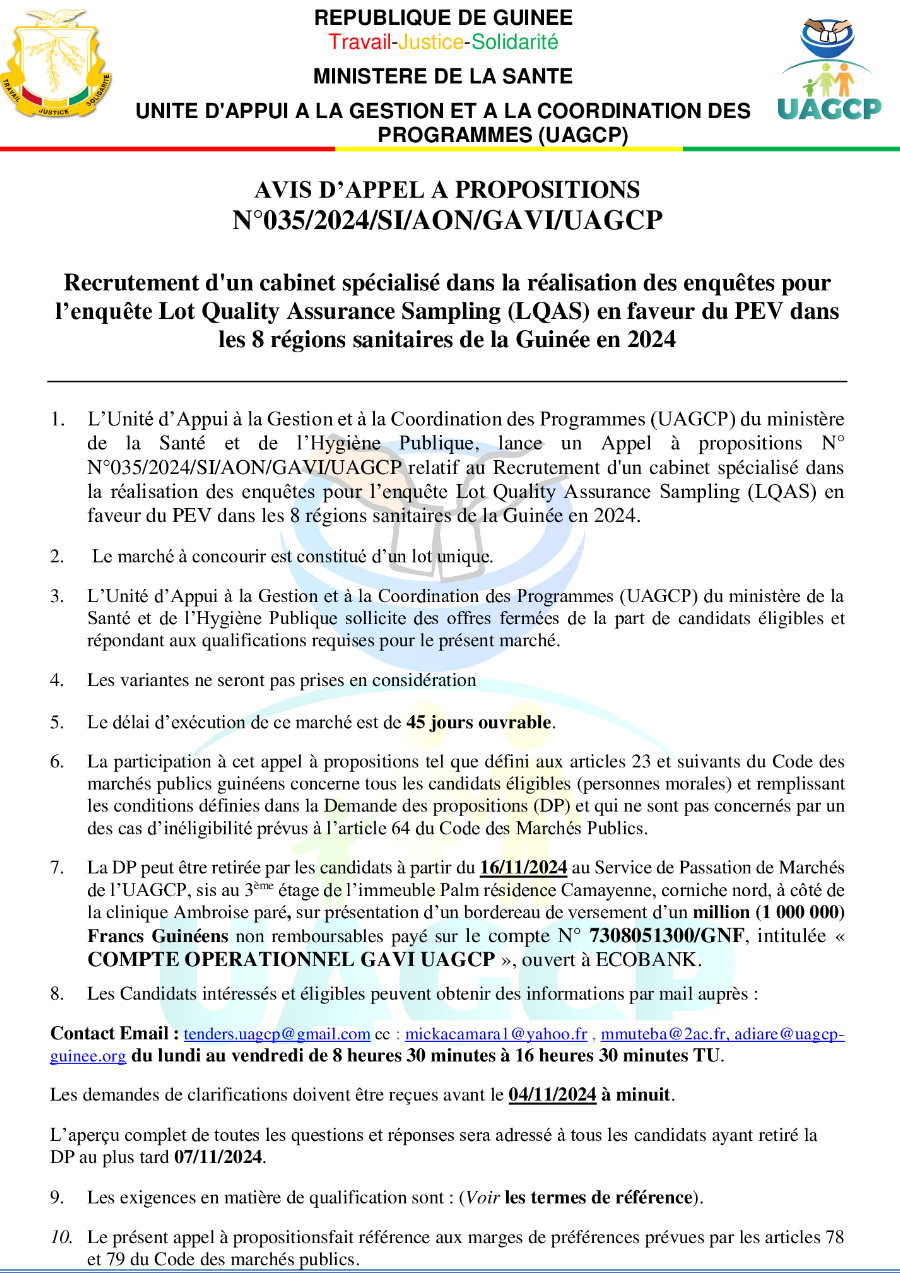 Avis de Recrutement d'un cabinet spécialisé dans la réalisation des enquêtes pour l’enquête Lot Quality Assurance Sampling (LQAS) en faveur du PEV dans les 8 régions sanitaires de la Guinée en 2024 | Page 1