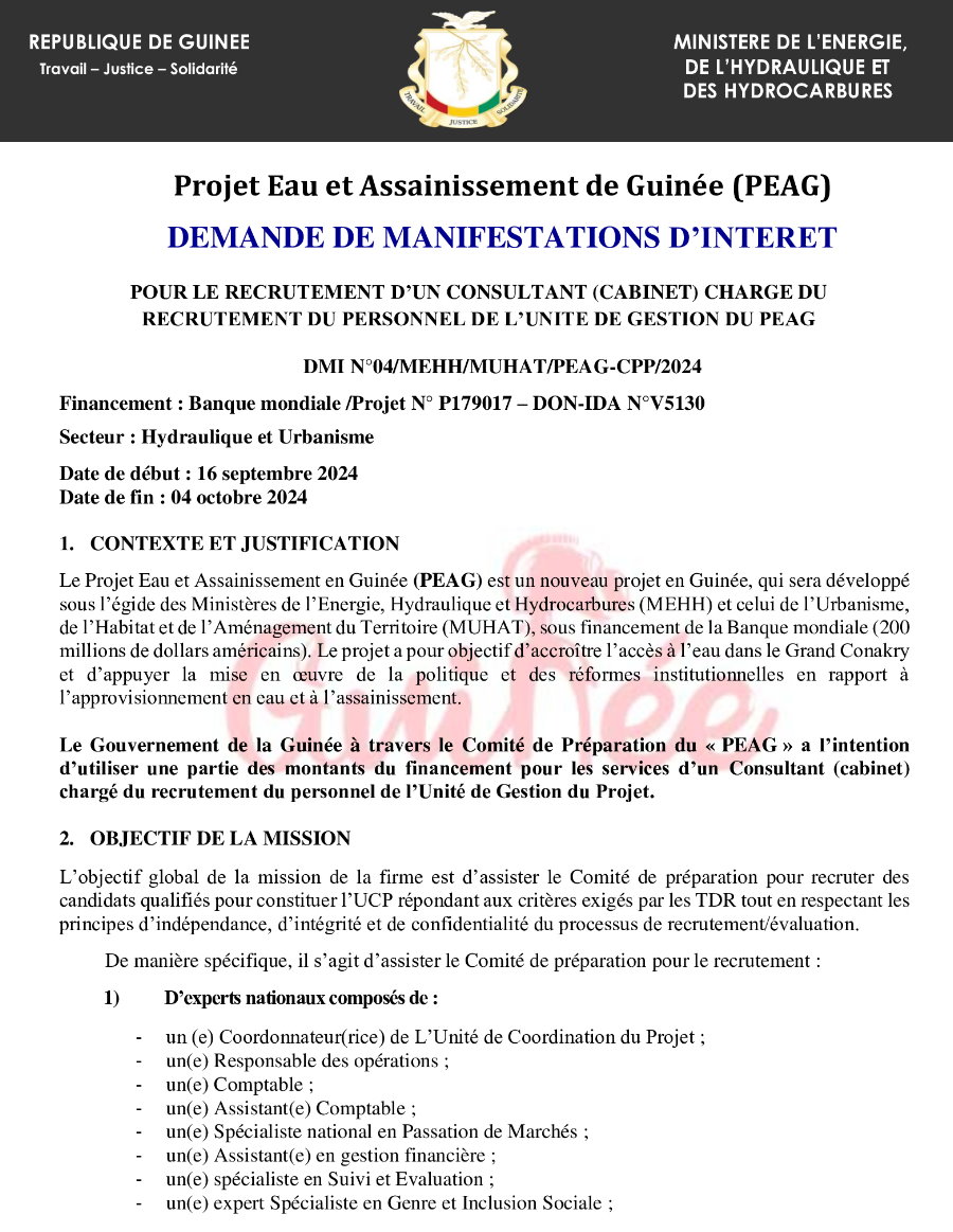 DEMANDE DE MANIFESTATIONS D’INTERET POUR LE RECRUTEMENT D’UN CONSULTANT (CABINET) CHARGE DU RECRUTEMENT DU PERSONNEL DE L’UNITE DE GESTION DU PEAG | Page 1