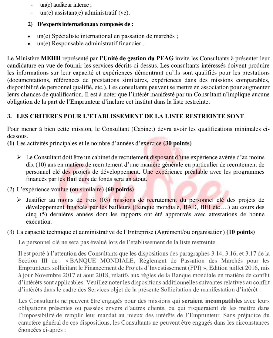 DEMANDE DE MANIFESTATIONS D’INTERET POUR LE RECRUTEMENT D’UN CONSULTANT (CABINET) CHARGE DU RECRUTEMENT DU PERSONNEL DE L’UNITE DE GESTION DU PEAG | Page 2