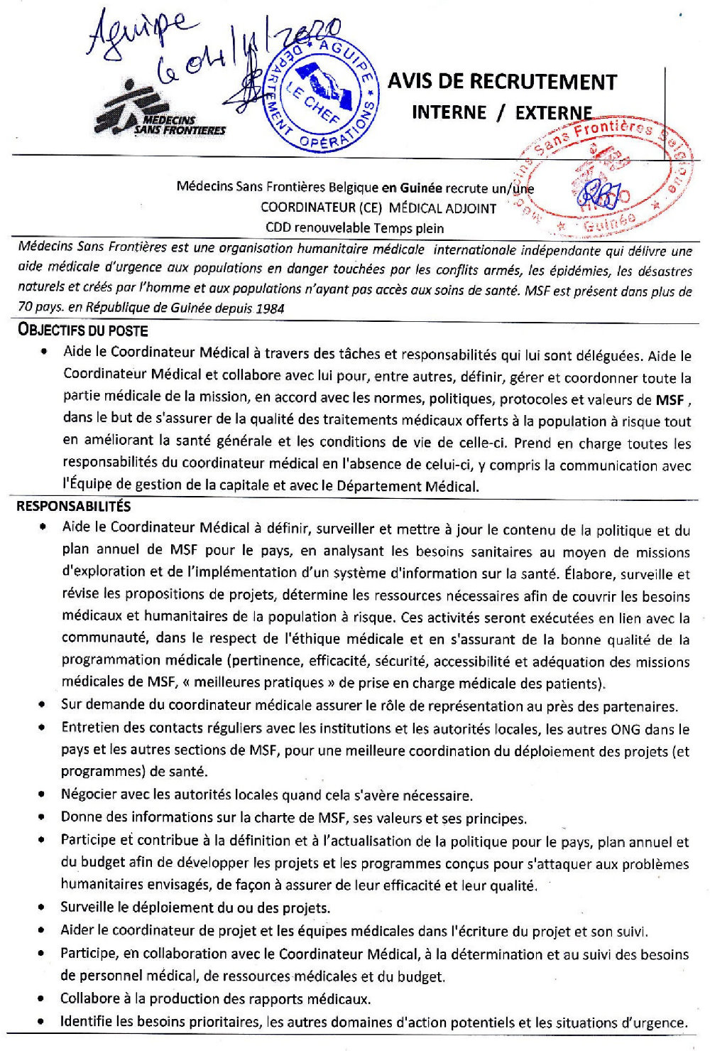 Offre d'emploi de medecin sans frontiere guinée (recrutement page 1)
