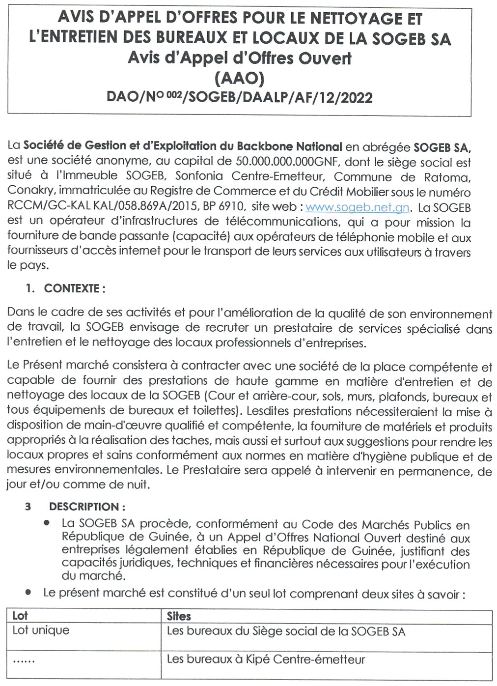 1.1	Avis D'appel D'offres Pour Le Nettoyage Et L'entretien Des Bureaux Et Locaux De La SOGEB SA | Page 1