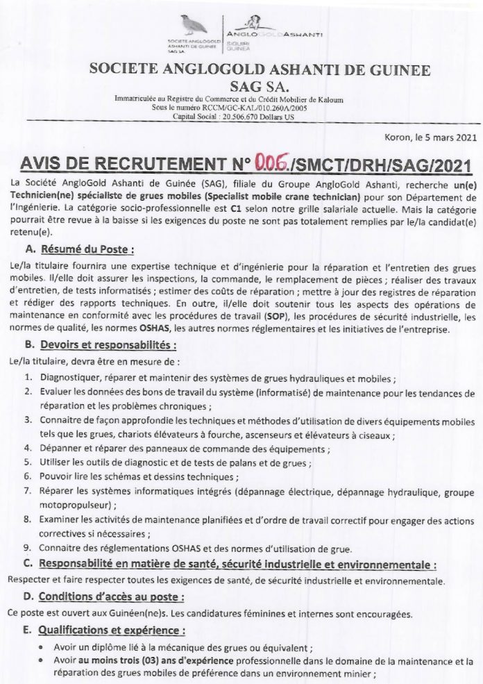 Offre d'emploi en guinée - sag recrutement en guinée p1
