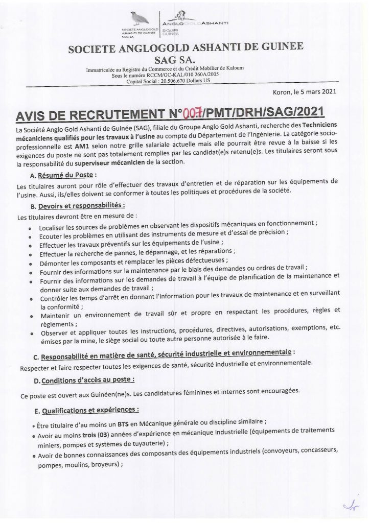 Offre d'emploi en Guinée- Sag Recrutement p1