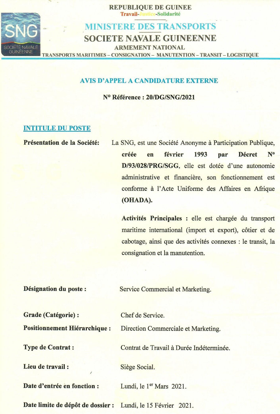 Offres d'emploi sng - société navale guinéenne p1